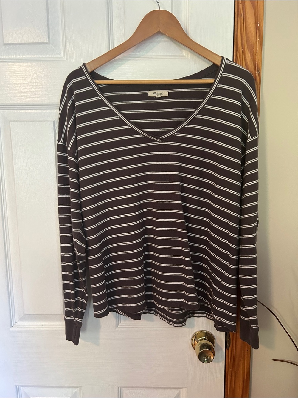 Madewell Black and White Striped V-Neck Long Sleeve Tee